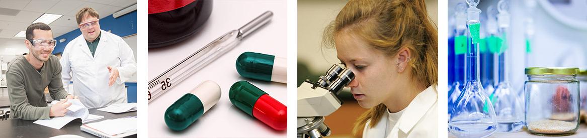 罐子里的化学样品, a student observing a sample in a microscope, 实验室里的药物和学生.